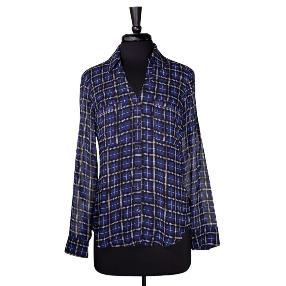 Express Women's Shirt Portofino Button Up Blue Black Plaid Slim Fit Blouse Top S